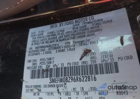 2006 Mercury Milan I4 Premier from USA, damaged, VIN 3MEFM08Z96R622816